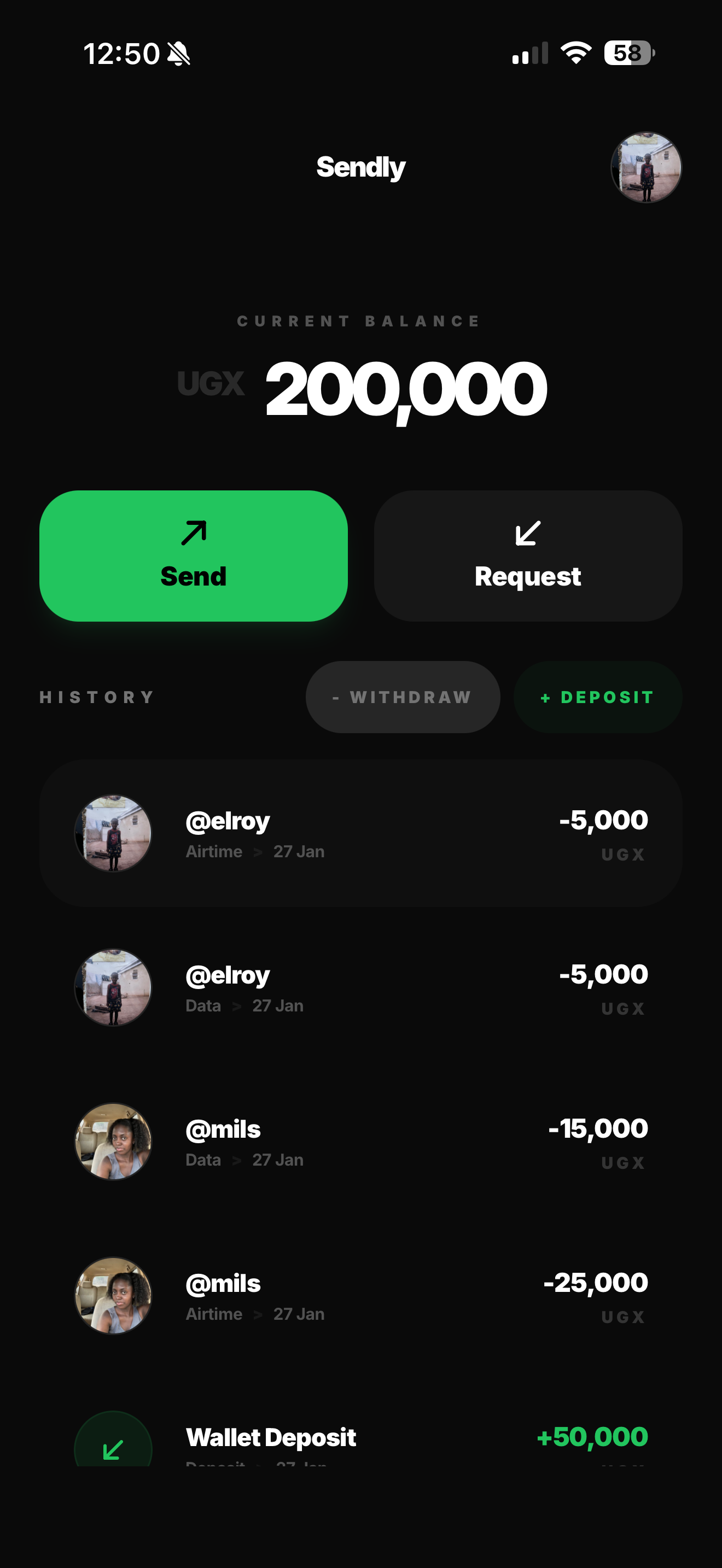 Sendly dashboard with balance and transaction history